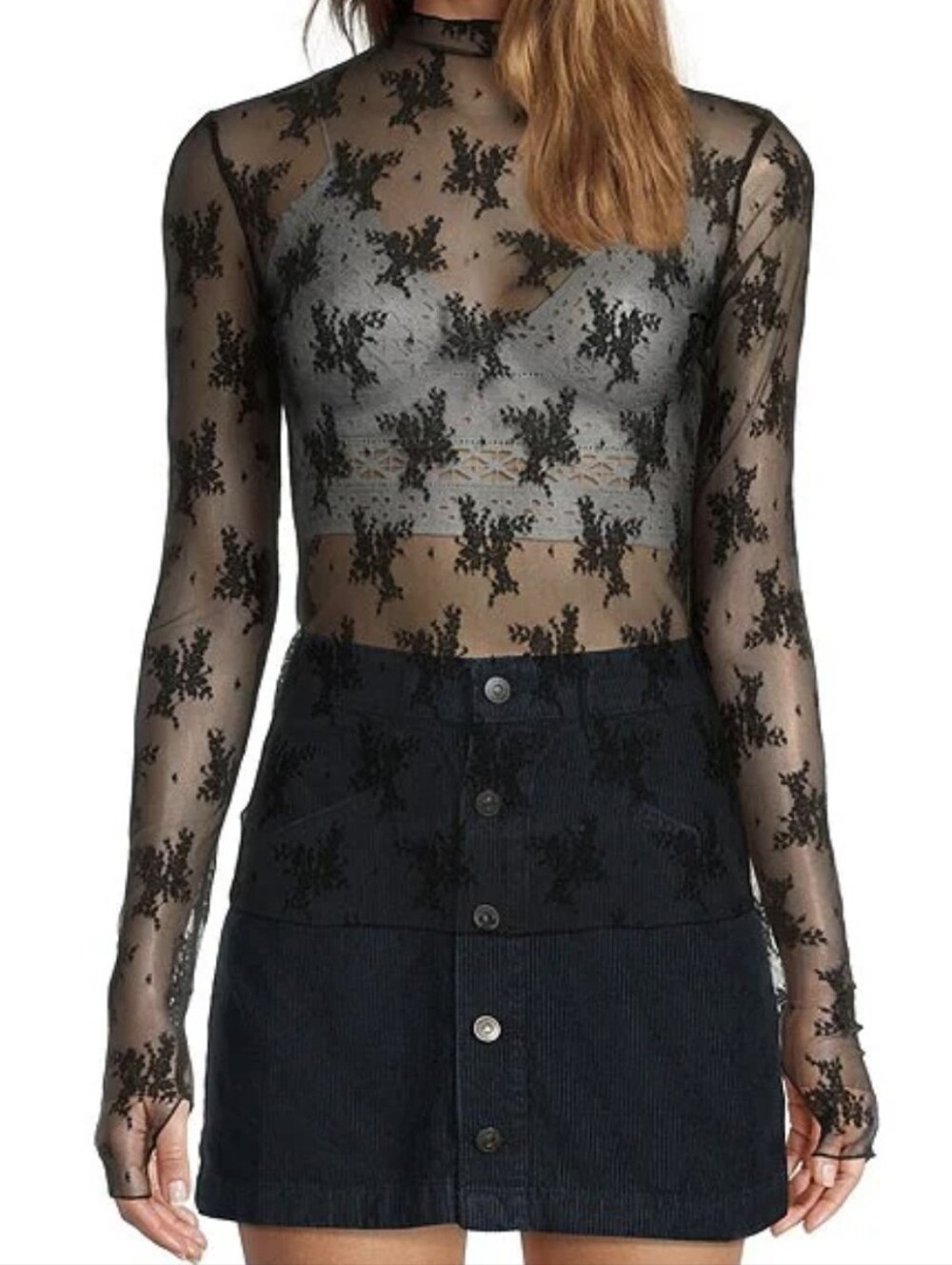 NWT Free PeopleLady Lux Jacquard Sheer Mock Neck Long Sleeve Layering Top